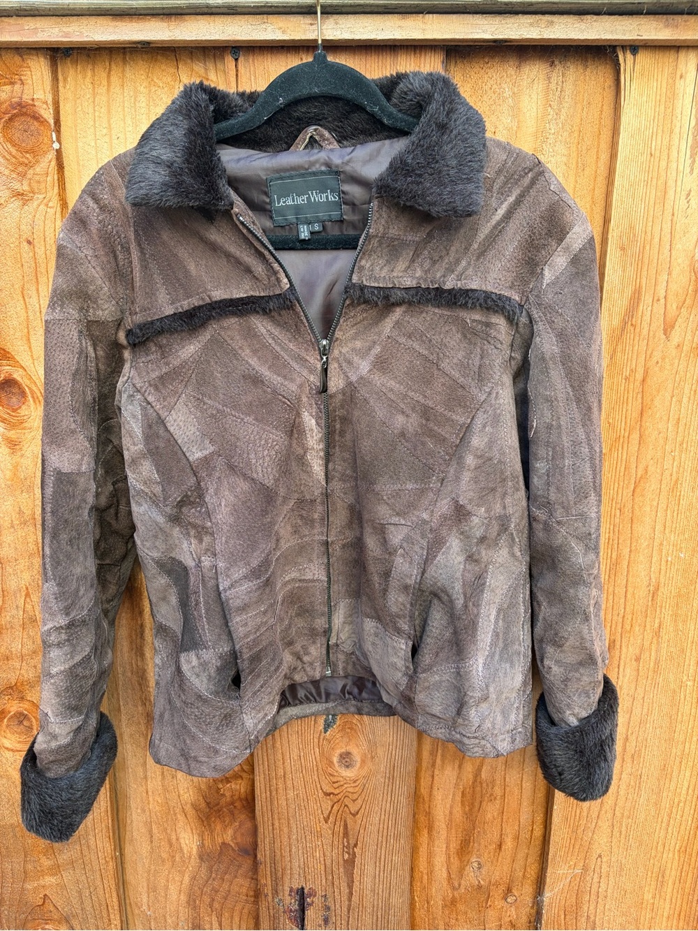 Leather works patchwork leather jacket fair fur collar in XS